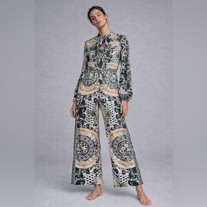 Wide leg Jumpsuit in dark green high tie neck and long sleeve